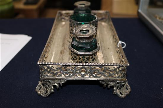 An early Victorian pierced silver inkstand by John Edward Terry, London, 1842, 15.3 oz.